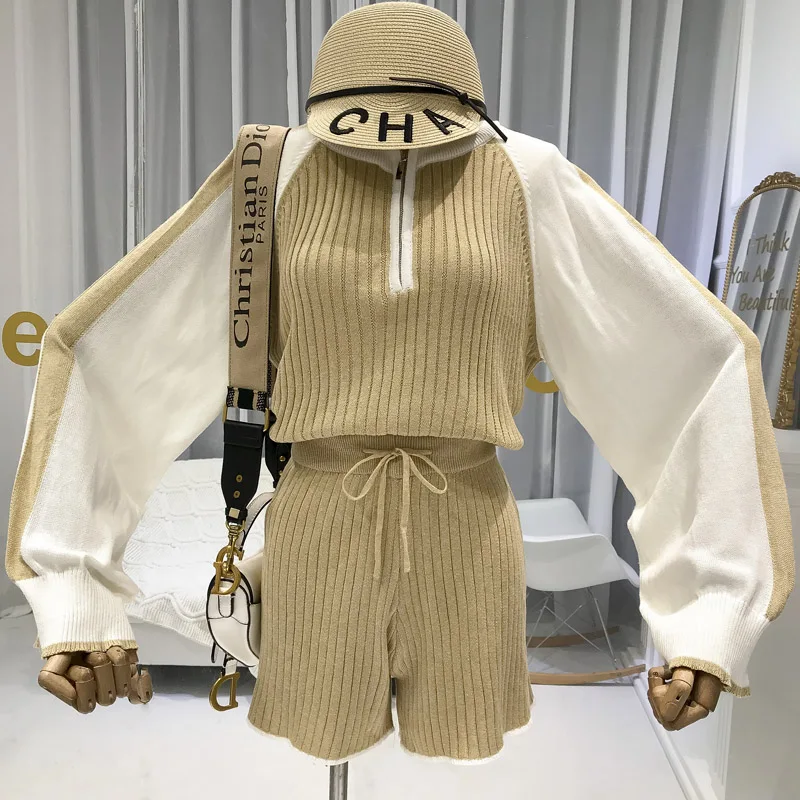 Amolapha женский свободный лоскутный джемпер топы свитер + шорты с высокой талией