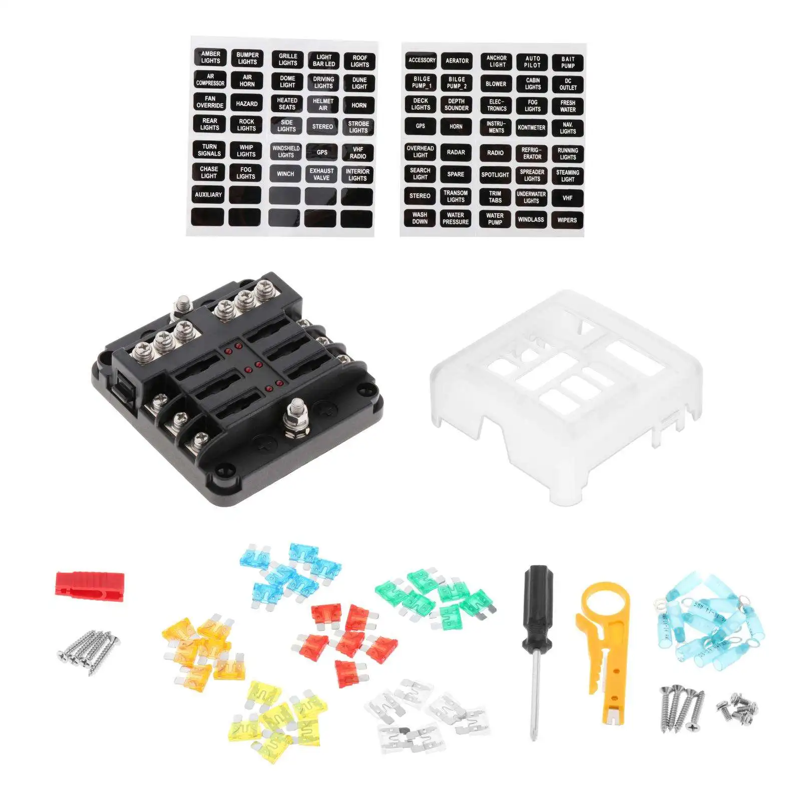Car LED Fuse Box PBT with Protection Cover Damp-Proof Atc/Ato 6 Way Blade Block Fit for ship Automotive Yacht Truck RV Van | Автомобили и