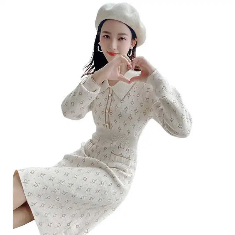 

2021 Spring and Autumn New Temperament Polo Collar Long Sleeve Skirt Slim and Thin Hip Short Skirt Knit Dress Women's Clothing