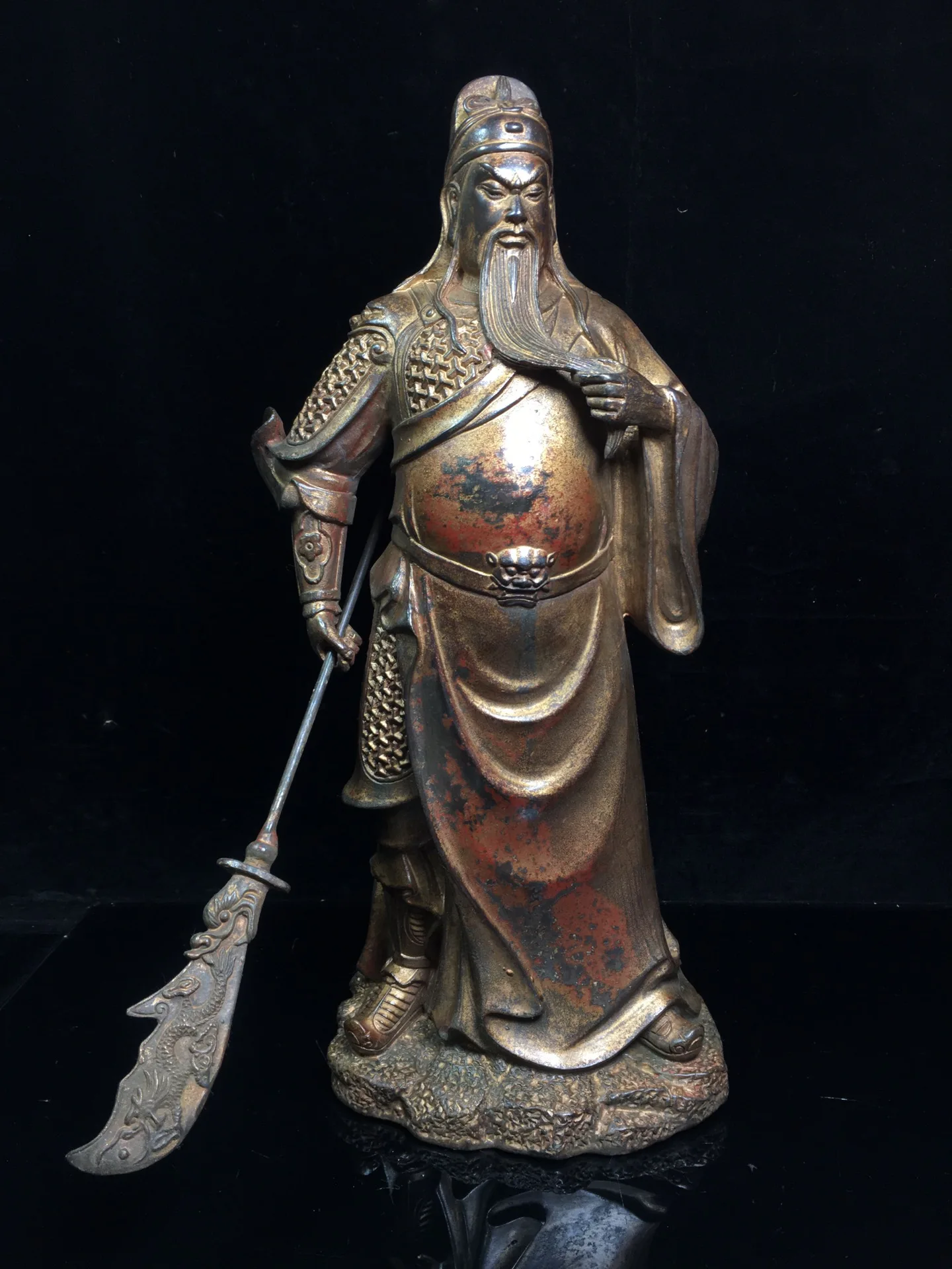 

15"Chinese Folk Collection Old Bronze Cinnabar Lacquer Guan Yu Mars God of Wealth Raise the knife statue Office Ornaments