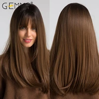 gemma long straight synthetic hair wigs for black women natural ombre black brown cosplay daily heat resistant wig with bangs