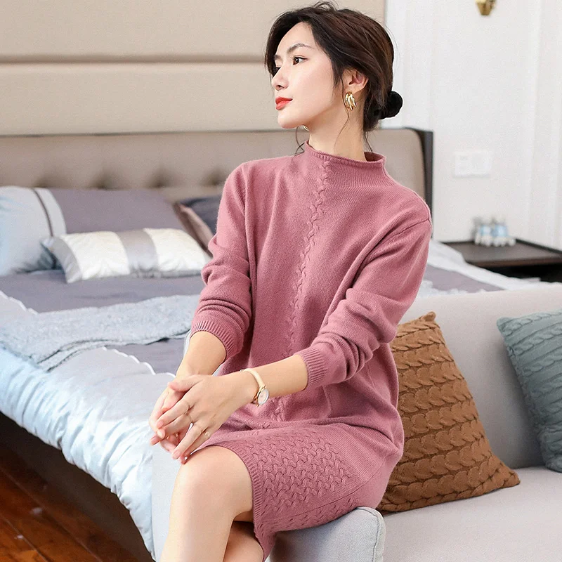 ALKMENE winter twisted craft cashmere female half-high collar long section thick sweater skirt sense party | Женская одежда