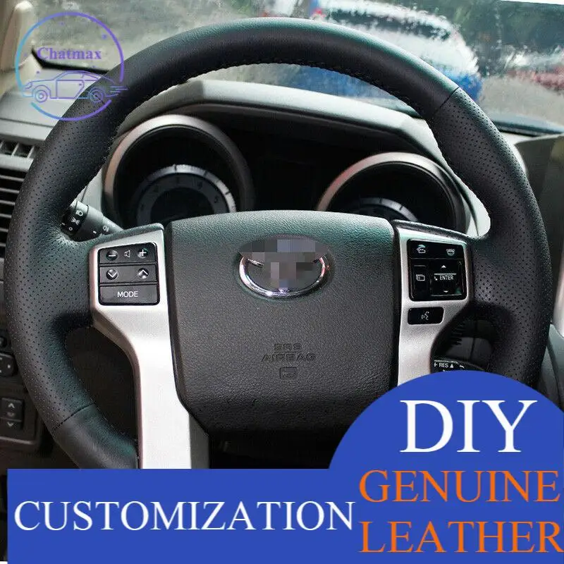 

For Toyota Land Cruiser Prado Hand-stitched Black Leather Steering Wheel Cover Anti-slip fit all season