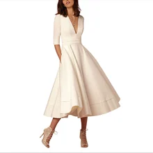 Vestido de longitud media con cuello en V para mujer, Vestido elegante ajustado, informal, versátil, de Color sólido, para otoño (1)