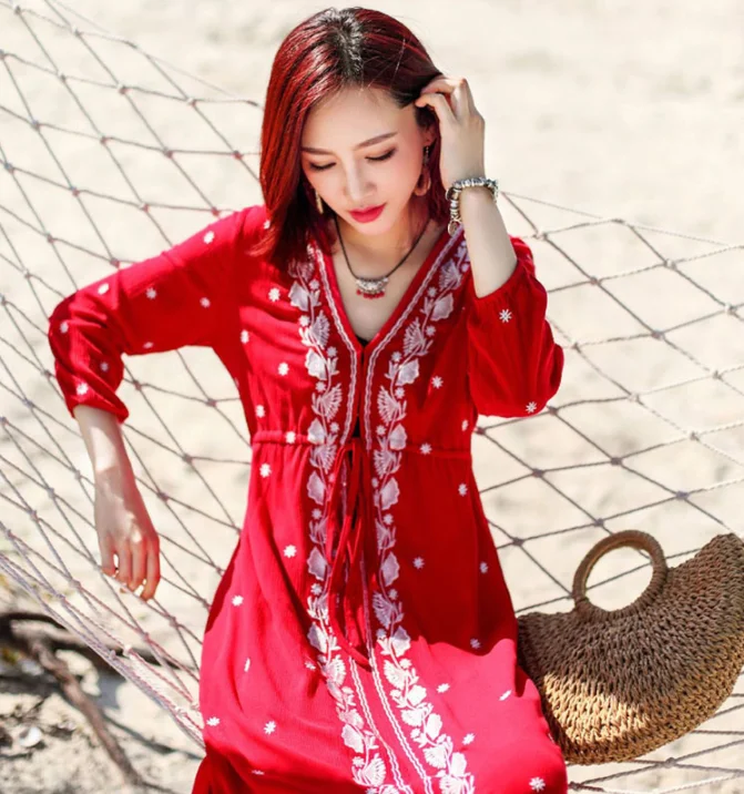

Ethnic Dress Embroidery large women's dress tea card Salt Lake red skirt Bali Beach skirt seaside holiday dress