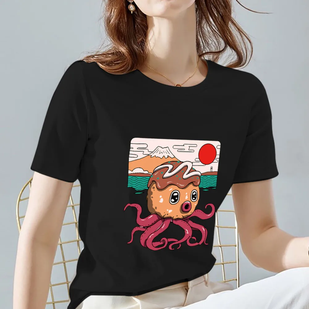 

Street Women's T-shirt Top Basic Slim Slim Funny Octopus Monster Pattern Print Ladies O-Neck Casual Commuter Black Short Sleeve