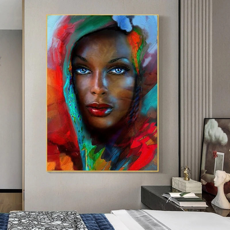 

Blue Eyes Abstract African Woman Art Canvas Paintings on the Wall Art Posters And Prints Black Woman Art Pictures Home Decor