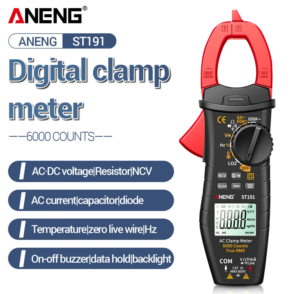 

ANENG ST191 Digital Clamp Meter AC Current 6000 Counts True RMS Multimeter Ammeter Voltage Tester Car Amp Hz Capacitance NCV Ohm