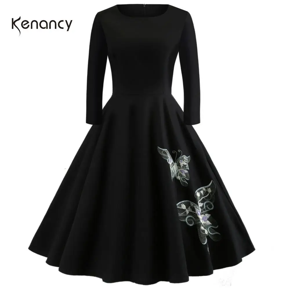 Женское винтажное платье Kenancy осенне-зимнее однотонное с вышивкой и бабочками