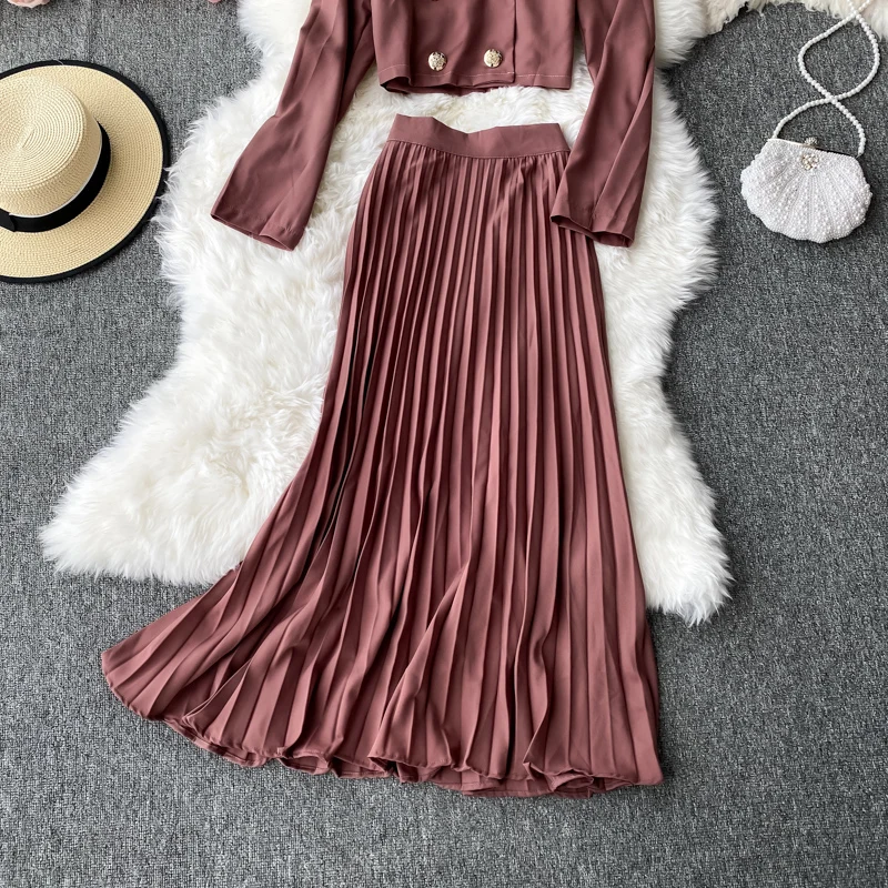 

Autumn Office Lady Tow Piece Set Casual Notched Collar Double Breasted Long Sleeve Short Tops + High Waist Pleated Skirt Suit OL