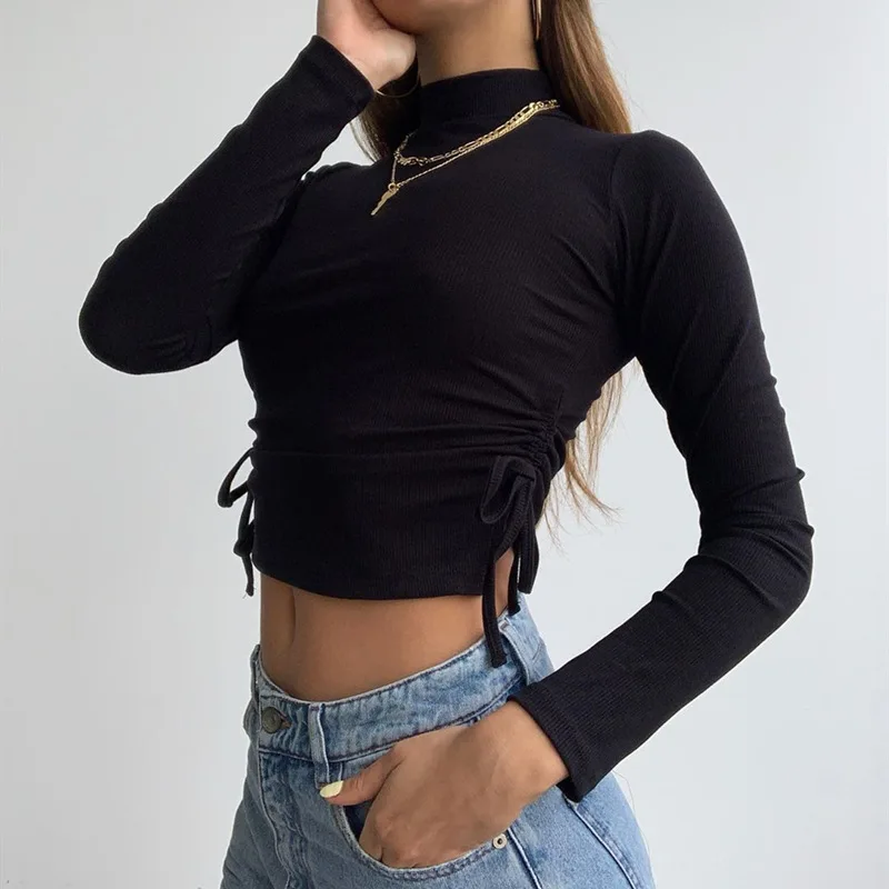 

Women Turtleneck T Shirt Long Sleeve Lace Up Pleated Crop Top Exposed Navel Short Autumn thsirts