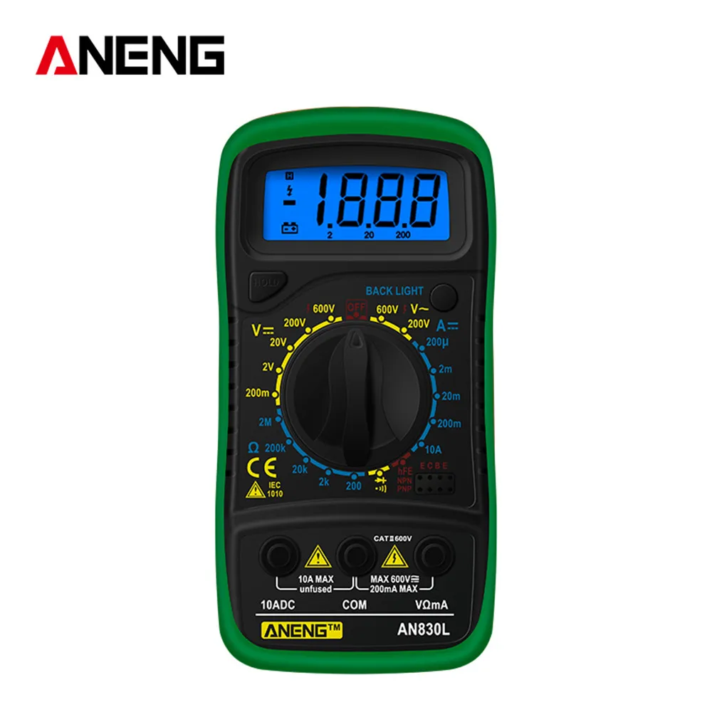 Зеленый ANENG AN830L Ручной цифровой мультиметр с ЖК-подсветкой Портативный AC/DC амперметр вольтметр тестер напряжения метр Multimetro - Цвет: Зеленый