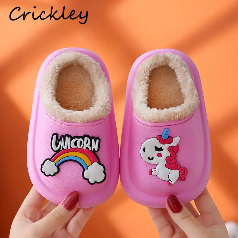 

Cartoon Unicorn Kids Slippers Winter Waterproof Plush Warm Home Shoes For Girls Non Slip Soft Bathroom Toddler Children Slipper