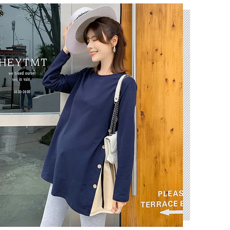 678# Side Splits Bandage Maternity Shirts 2021 Spring Korean Fashion Loose Clothes for Pregnant Women Cotton Pregnancy Tops