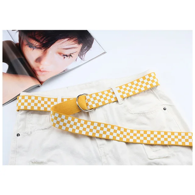 

Women Canvas Plaid Belt Female Checkerboard Belt Casual Waist Black White Checkered Double D Ring Buckle Long Designer Belts