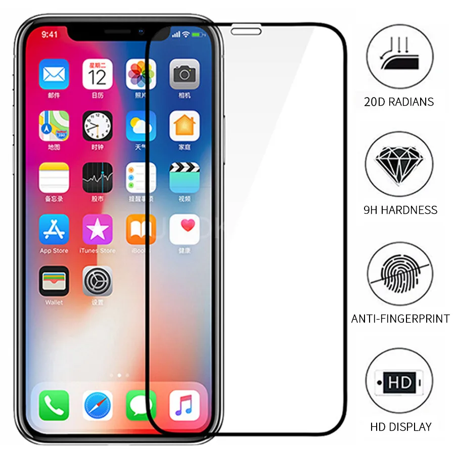 20D полное покрытие закаленное стекло для iPhone 11 Pro XS Max XR X 8 7 6 6s Plus защитная