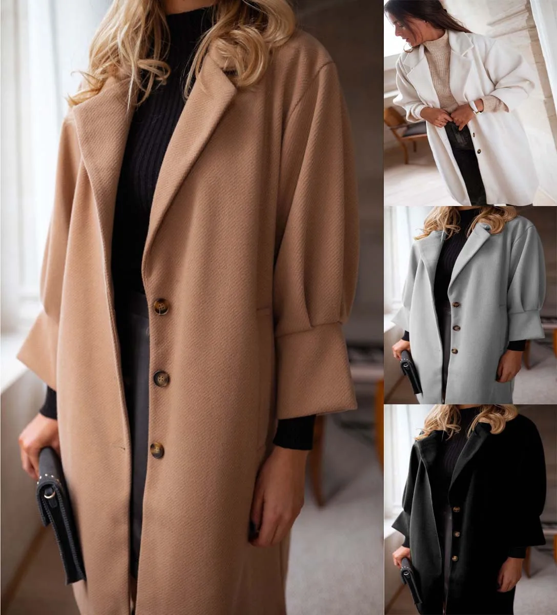 

2021 women popular autumn and winter 7-sleeve suit collar wool coat women's coat female casual spring jacket