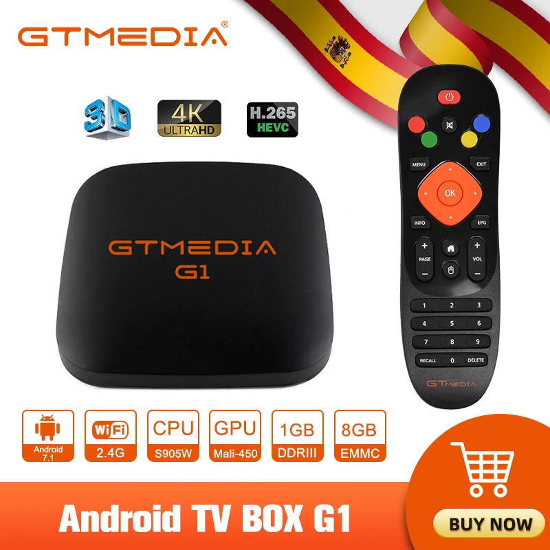 

ТВ-приставка GTMEDIA G1, Android 7,1, 1 ГБ ОЗУ, 8 Гб ПЗУ, поддержка 4K 3D/H.265, 2G + 16G, Android m3u, enigma2