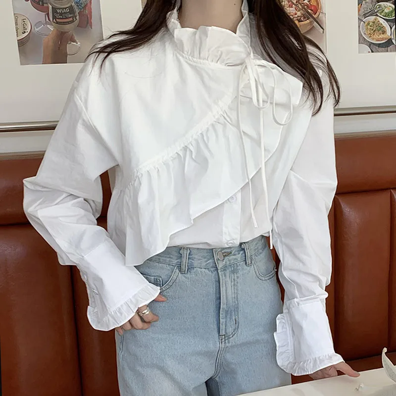 

Pinkou Women Sweet Ruffled Blouse Long Sleeve Cute Shirts Yellow White Female Sweet Chic Tops Blusas LA323