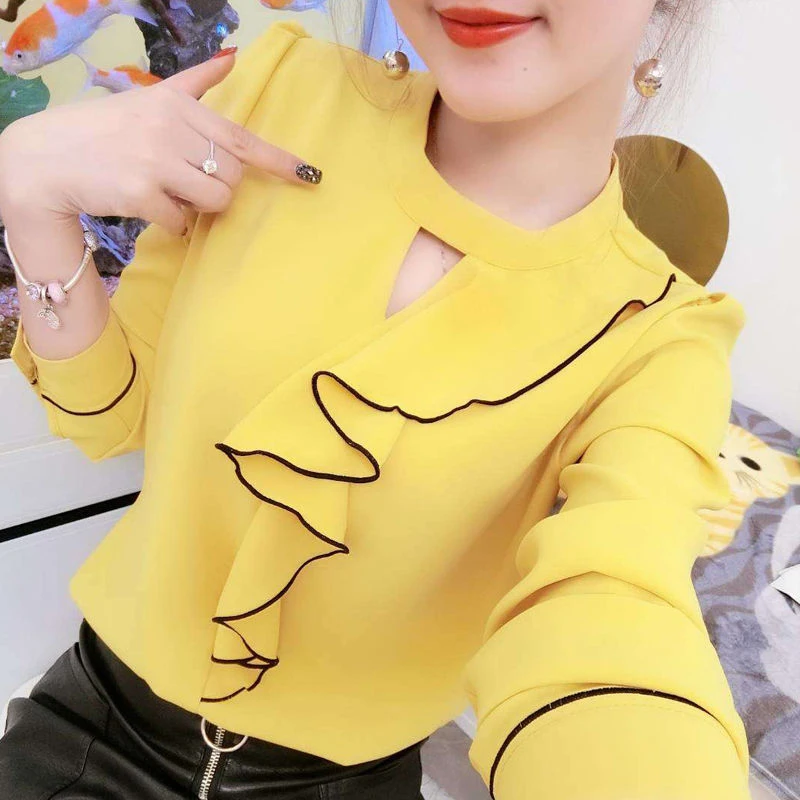 

Women Spring Summer Style Chiffon Blouses Shirts Lady Casual Long Sleeve Ruffles Decor Stand Collar Chiffon Blusas Tops DF3148