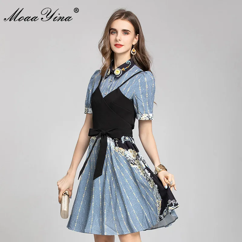 

MoaaYina Fashion Designer Summer Elegant Shirts Dress Women's Turn-down Collar Beading Floral print Short Dress＋Spaghetti Strap