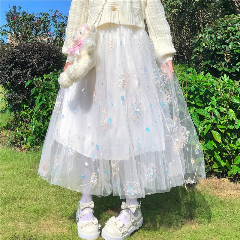 Трехслойная юбка с вышивкой Одуванчик блестками приталенная сетчатая средней