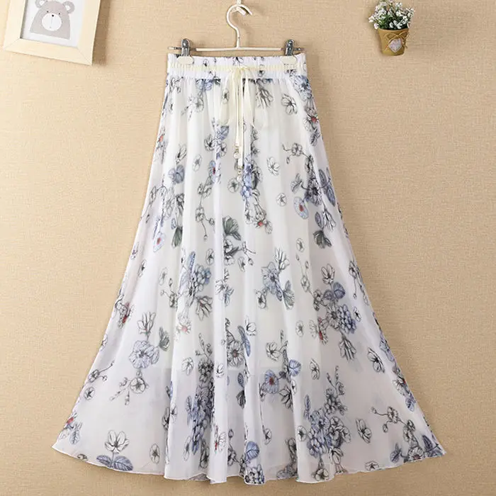 

Wuhan Haohuo printed chiffon skirt for women's summer new mid length slim waist elastic waist beach A-line skirt