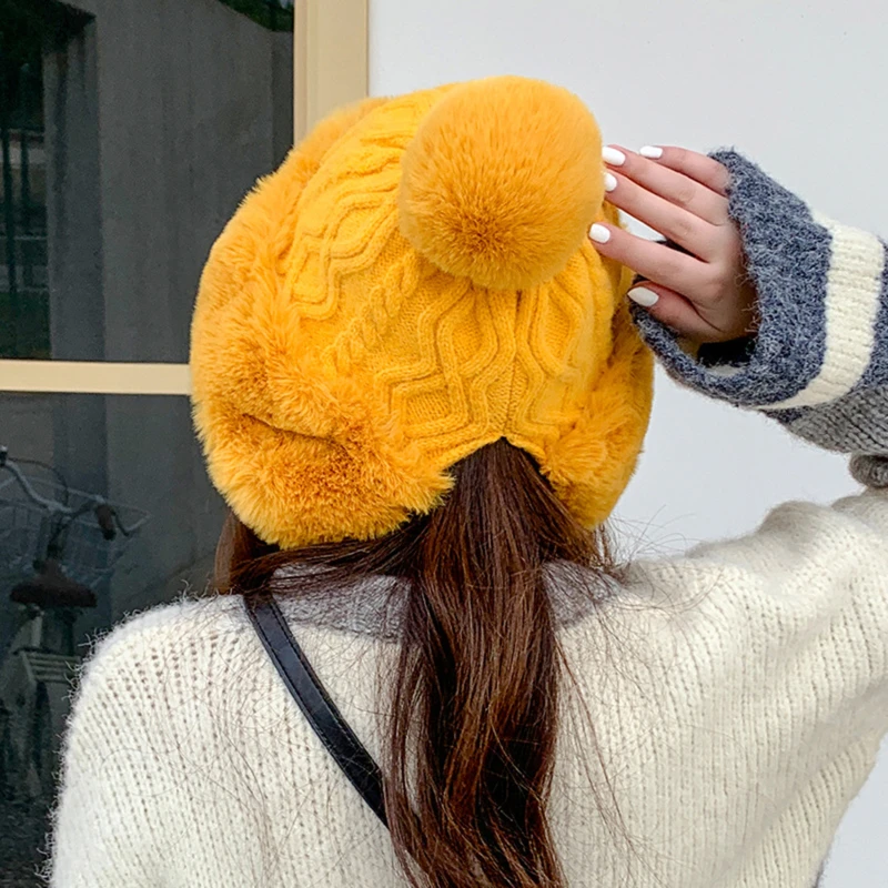 hot sale girl warm ski 2022new brand big fur pom poms ball knitted hats set winter women beanie hat thick female outdoor cute free global shipping