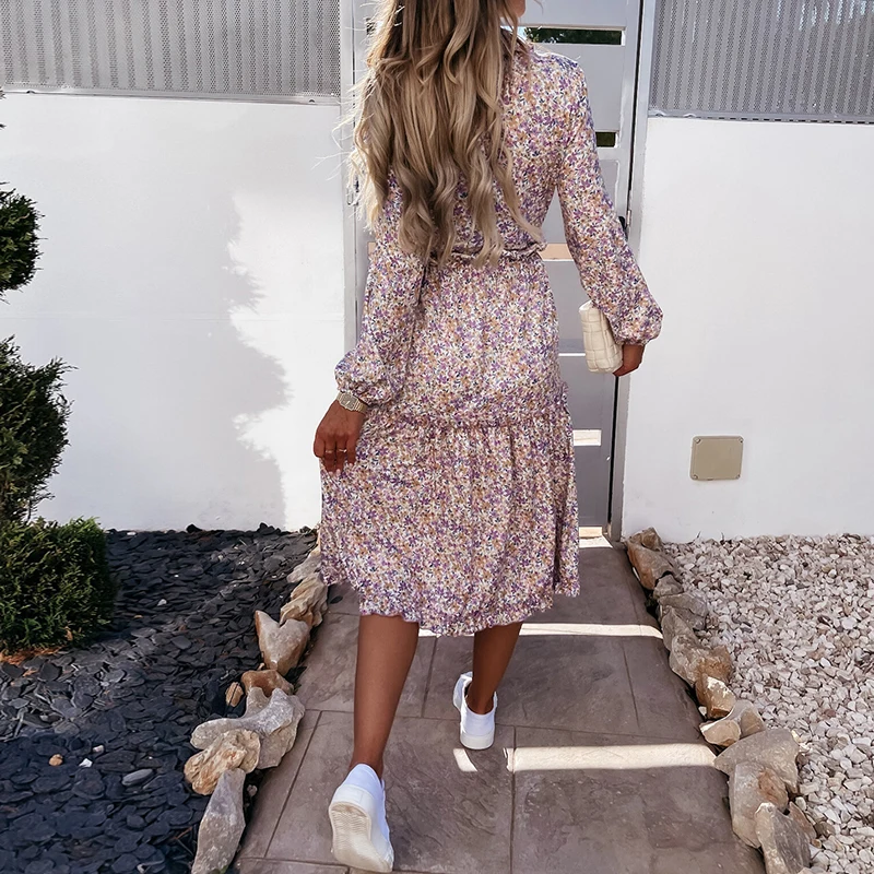 

Spring Vintage Ruffle Floral Print Dress For Women Casual Three Quarter Sleeve Long Dress Boho Female V Neck Party Vestidos 2021