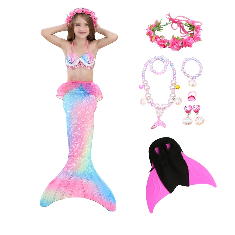 

2021 NEW Arrival Kids Mermaid Tail Swimsuit with Monofin Bikini Suit Girls Swimmable Halloween Costume Princess Ariel Swim Wear