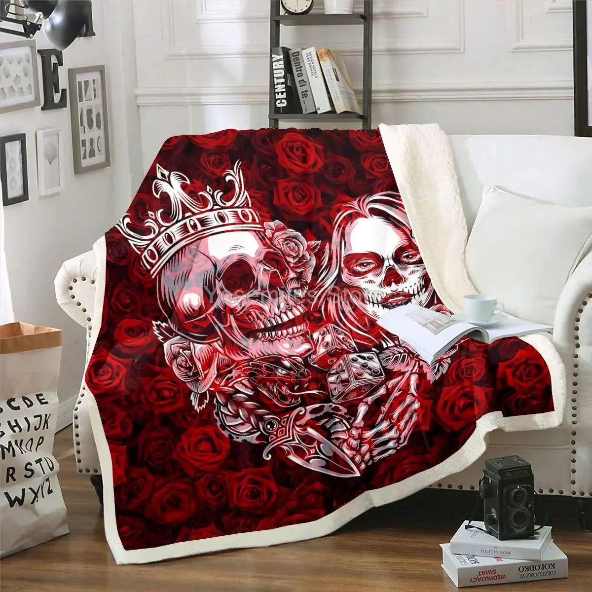 

Rose Flower Sherpa Throw Blanket Bloom Rose Throw Blankets for Couch, Sofa Bed Living Room Lover Red Master Sherpa Throw Skull