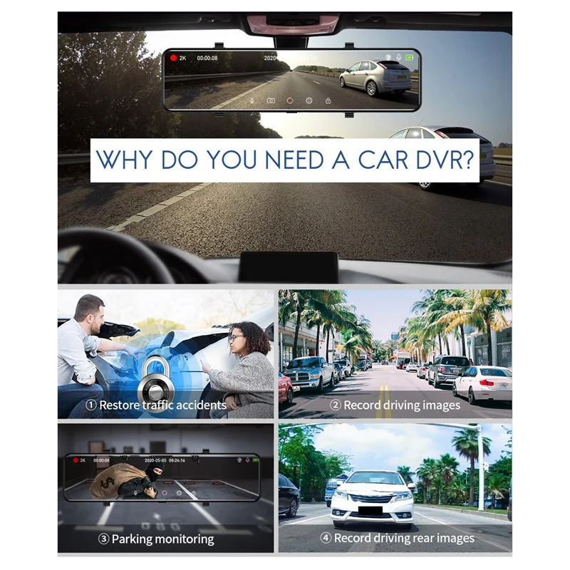 12 дюймов Пресс Видеорегистраторы для автомобилей 2K зеркало видеорегистратор