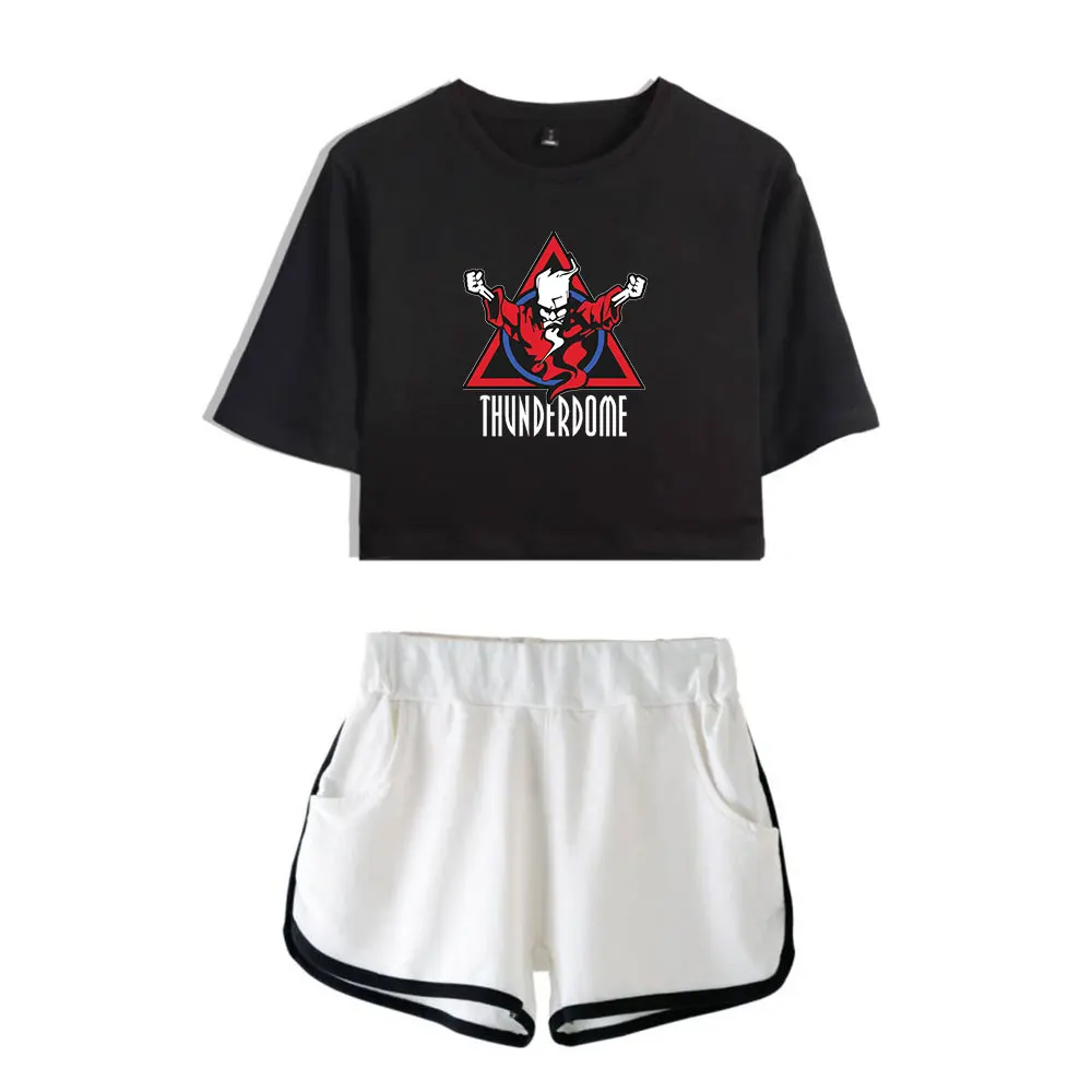 

Popular Cartoon Thunderdome music Festival Print Two Piece Set Women Sexy Shorts+lovely T-shirt Cute Dew navel Sport Girl suits
