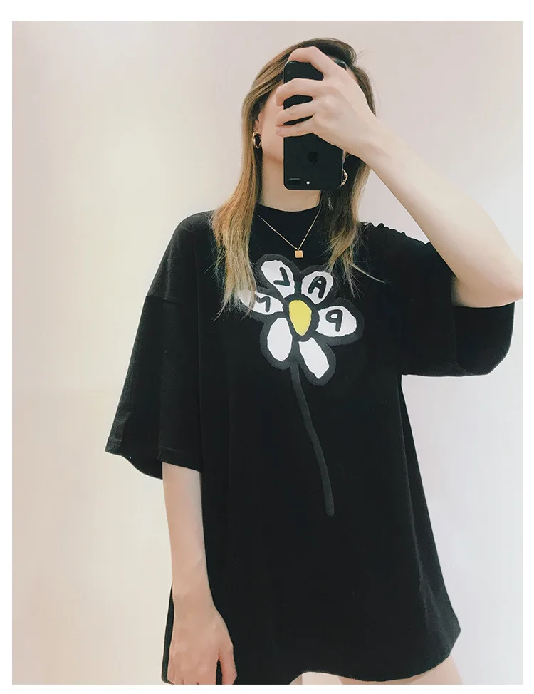 

High Quality Spring and Summer New Loose Flower Printed Letters Short-sleeved Cotton T-shirt for Women and Men