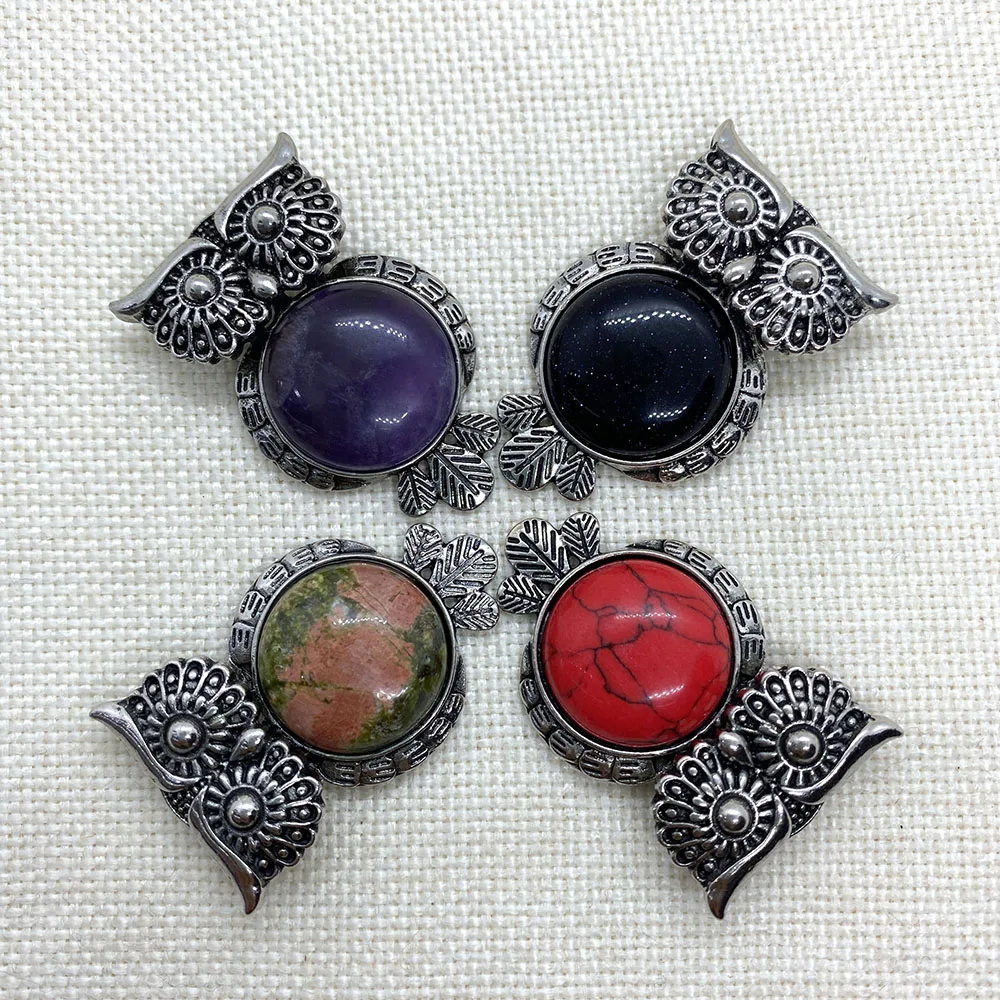 

Natural Stone Brooch Pendant Owl Shape Amethyst Pink Crystal Black Agate Opal Necklace Pendant DIY Jewelry Making Accessories