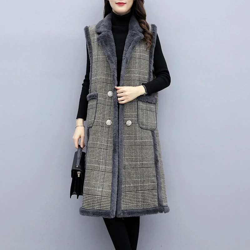 

Autumn winter lattice Vest Plus size Women plus velvet thick warm woolen coat Quality Women's Fur one-piece Vests 5XL F1264