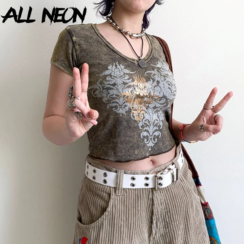 

ALLNeon Vintage Y2K Streetwear Tie Dye Brown Graphic Baby Tees Fairy Grunge Aesthetics O-neck Short Sleeve T-shirts Retro Tees