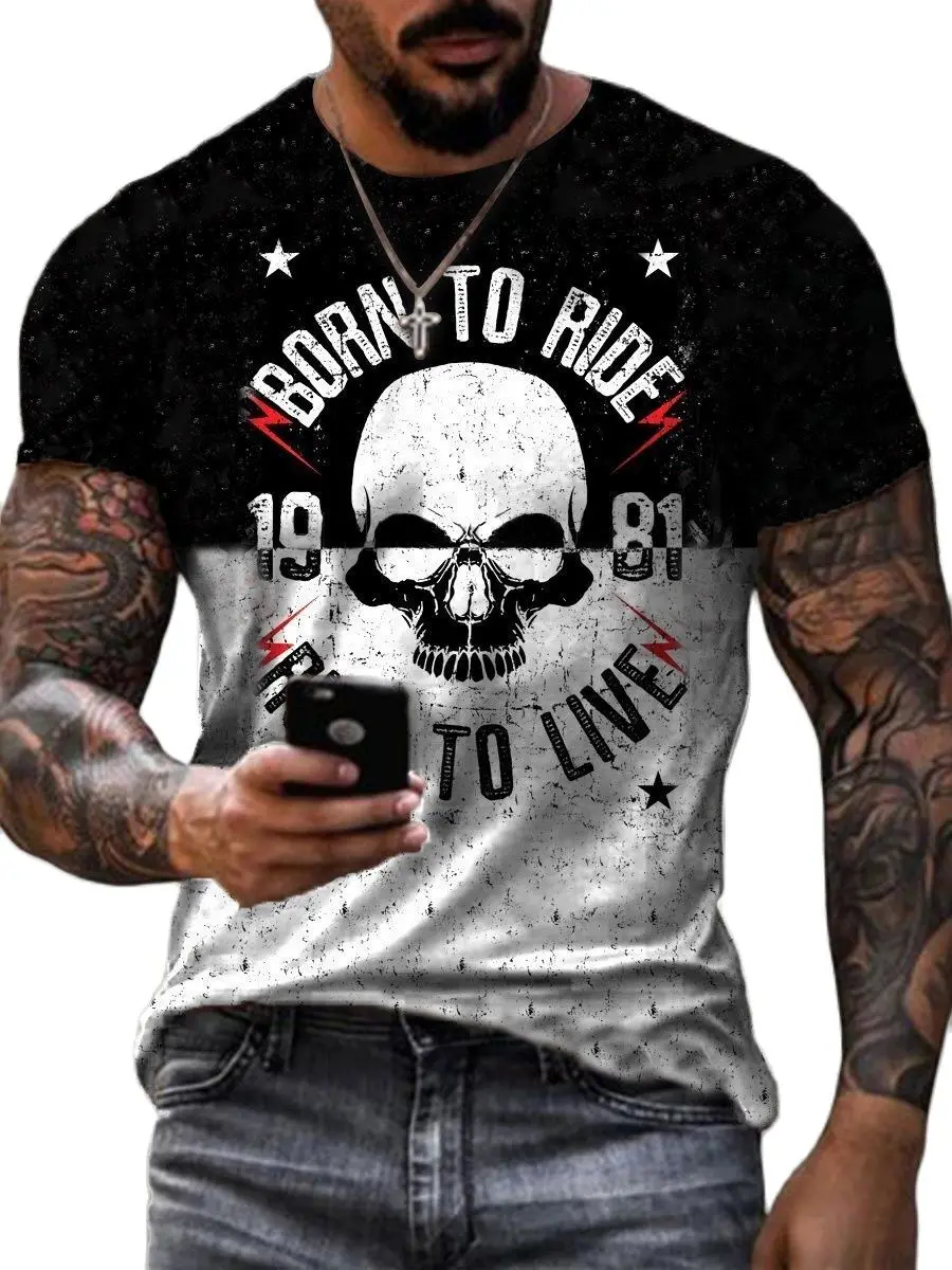 

Men's shirt street rock skull 3DT shirt summer trend short-sleeved loose round neck Harajuku top new