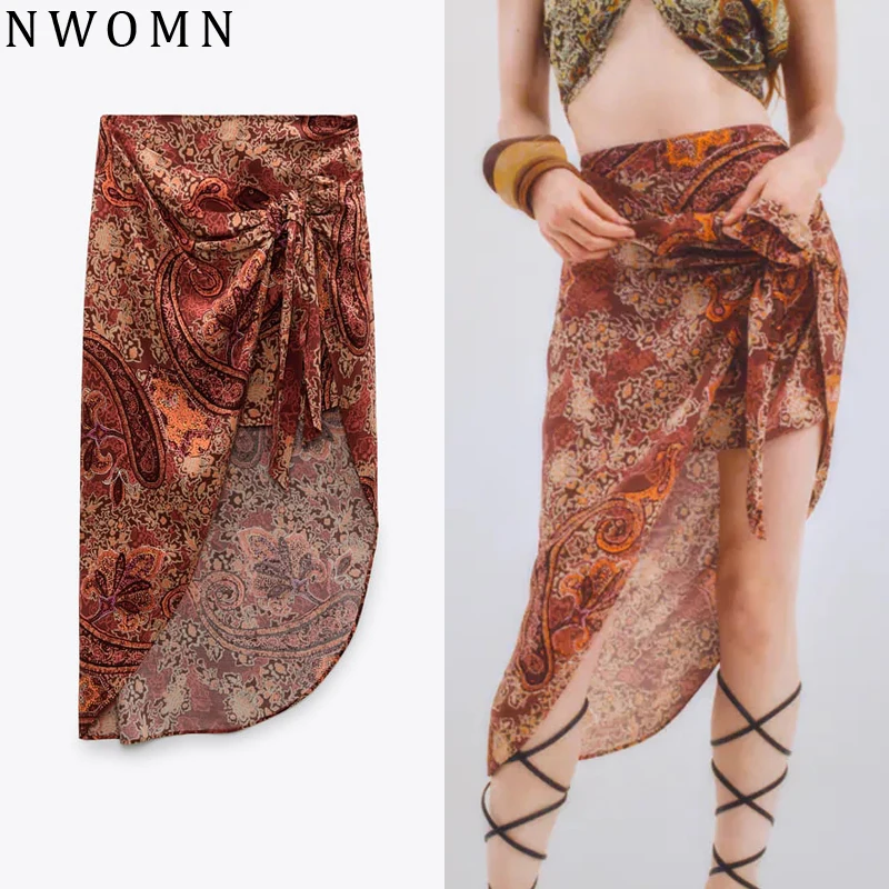 

Женская юбка с запахом, юбка с высокой талией, асимметричная длинная юбка с винтажным принтом, оборками и узлом, зима 2021