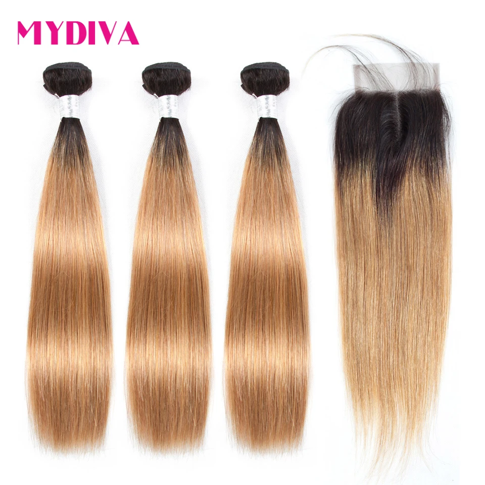 

Ombre Bundles With Closure 1B/27 Blonde Ombre Peruvian Hair Weave Ombre Straight Human Hair 3Bundles With Closure Mydiva