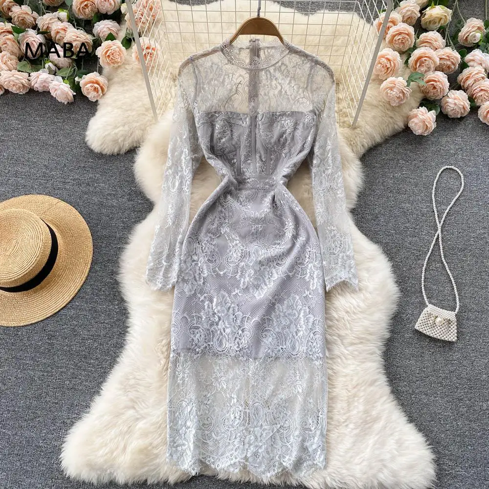 

2022 Spring Women Grey Lace Dress O-neck Long Sleeve Slim Sexy See Through Hook Flower Hollow Temperament Party Short Dress