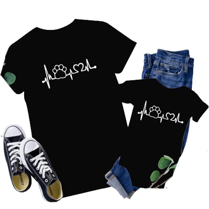 Conjunto familiar de algod&oacute;n con latido del coraz&oacute;n para madre, hija, hijo y ni&ntilde;o, camiseta a juego-0