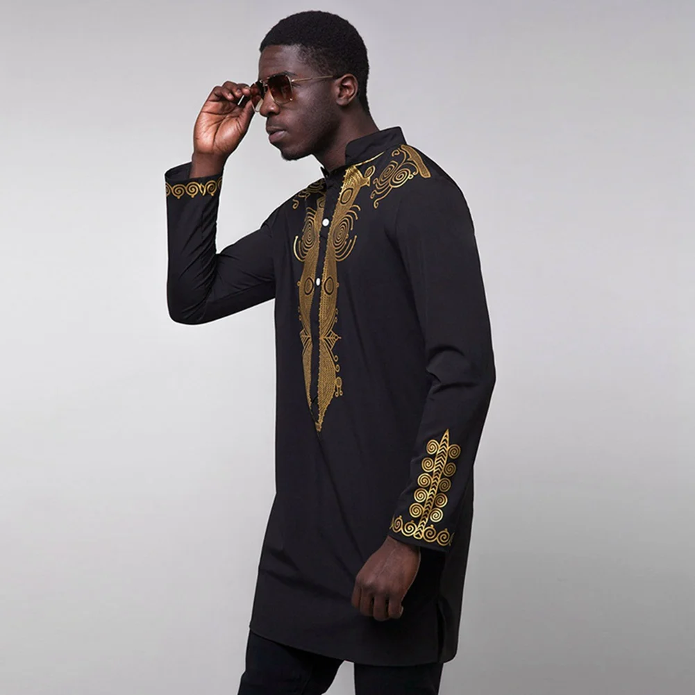 Opslea Dashiki африканская Мужская рубашка с длинным рукавом и стоячим воротником Bazin Riche с национальным этническим принтом Одежда Повседневная приталенная рубашка