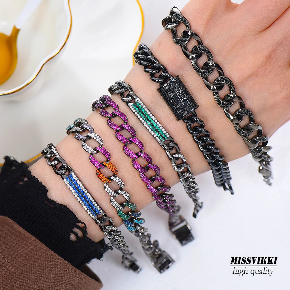 

missvikki European Hip Hop Bling Bling Iced Out Miami Cuban Chain Bracelets Micro Pave Rainbow Red Green Blue CZ Colorful Women