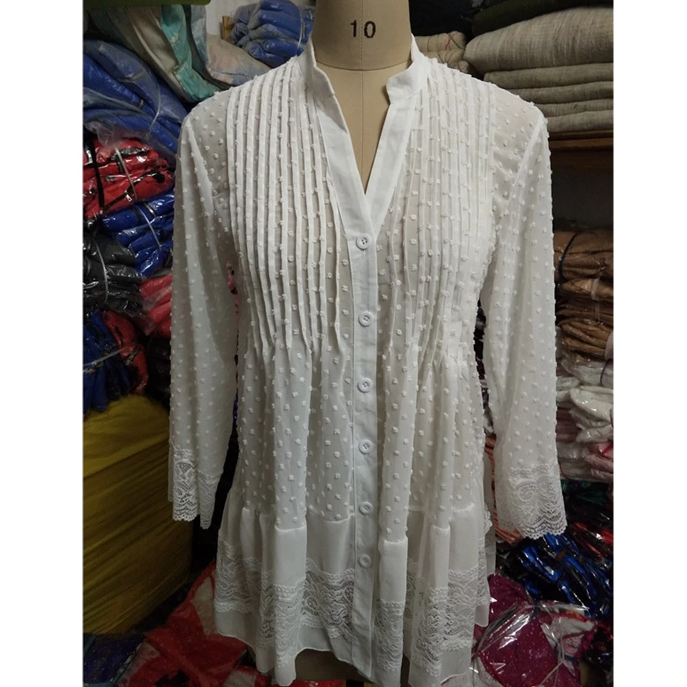 

Lugentolo Chiffon Women Blouses Plus Size Blouse Lace Ruffles Long Sleeve Loose V-Neck Polka Dot Single Breasted Women Tops