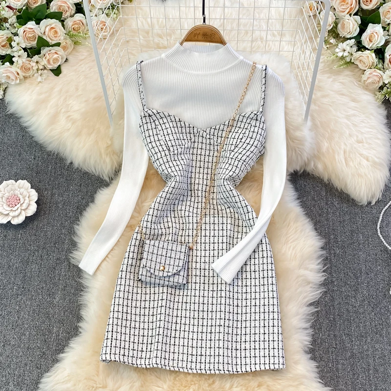 

Осеннее твидовое сарафан в клетку платье EA + воротник-стойка вязаная нижняя рубашка сумка комплект из двух частей Женское шерстяное платье ...