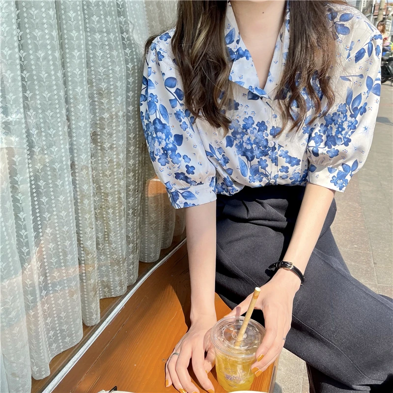 

HziriP Blue Florals Sweet Office Lady Femme Chic Gentle Summer 2021 Elegance All Match Outwear Loose Notched Streetwear Shirts