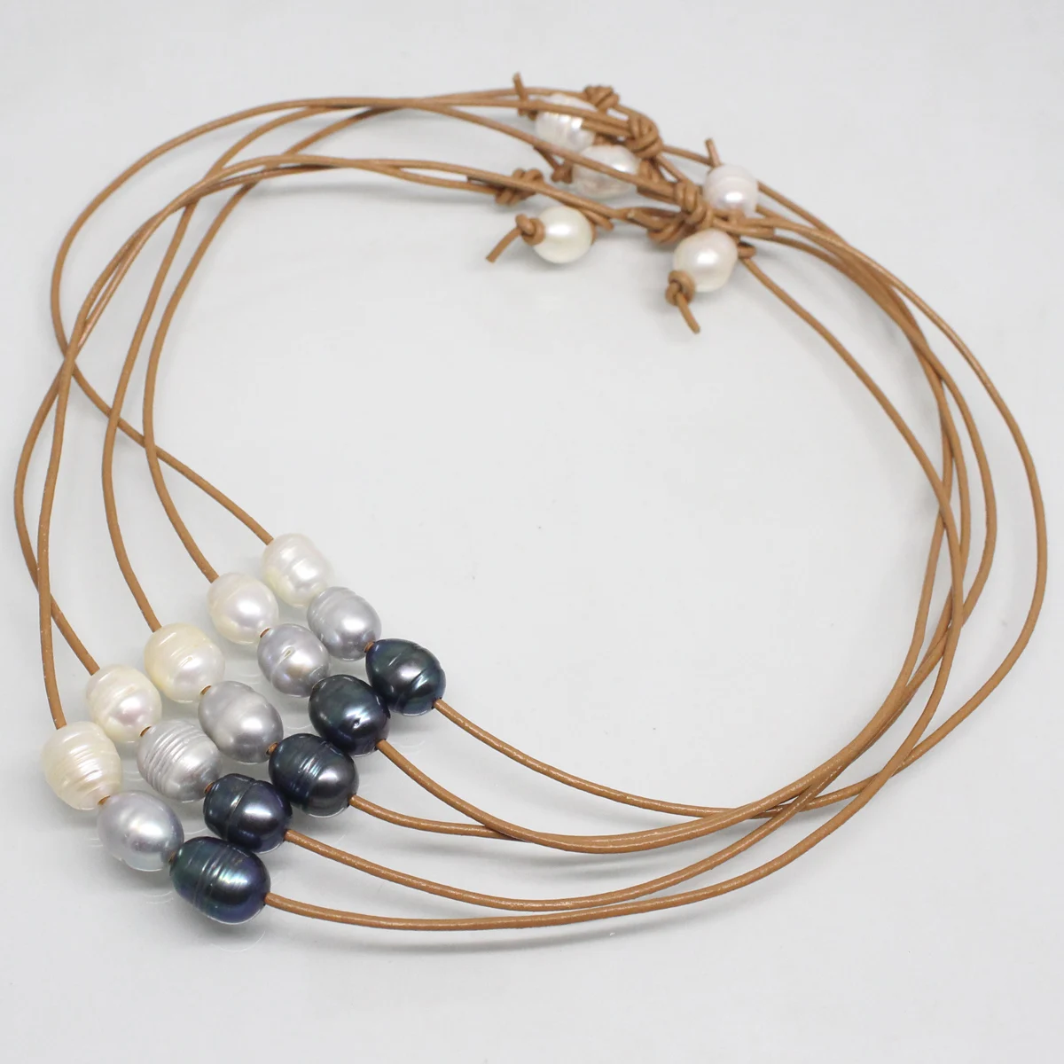 5Strand Brown Leather Choker White Gray Black Drop Pearl 3beads Necklace 18inches |