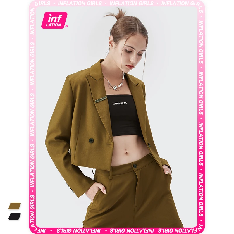 

INFALTION Fashion Cropped Blazers Women Vintage Double Breasted Elegant Crop Jacket Office Lady Korean Chic Blazer Jacket Female