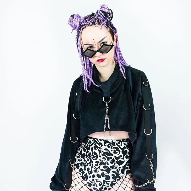 Металлическая цепь Лоскутные Обрезанные толстовки Женская свободная уличная